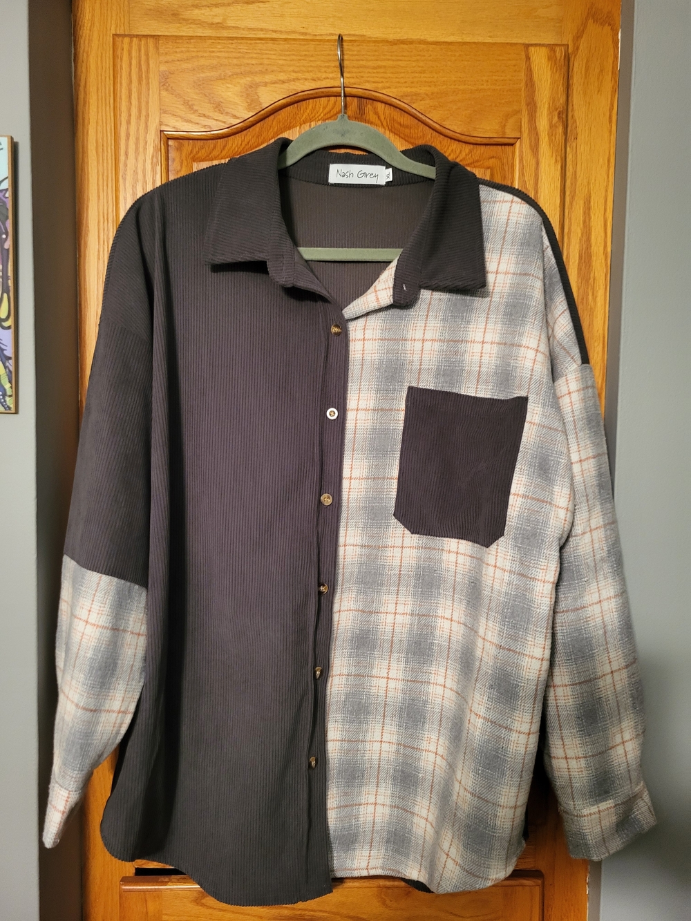 Nash Grey Colorblock Plaid Corduroy Shacket Shirt Jacket Gray White